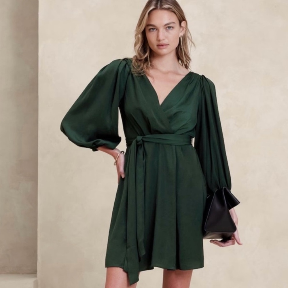 Banana Republic Green Pleated Wrap Dress with Bishop Sleeves